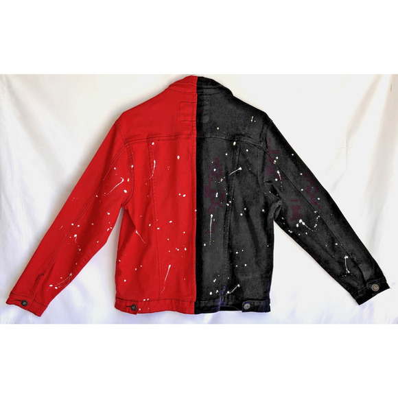 Waimea Red and Black Jean Jacket White Paint Splatter Size Medium NWOT - Picture 5 of 7